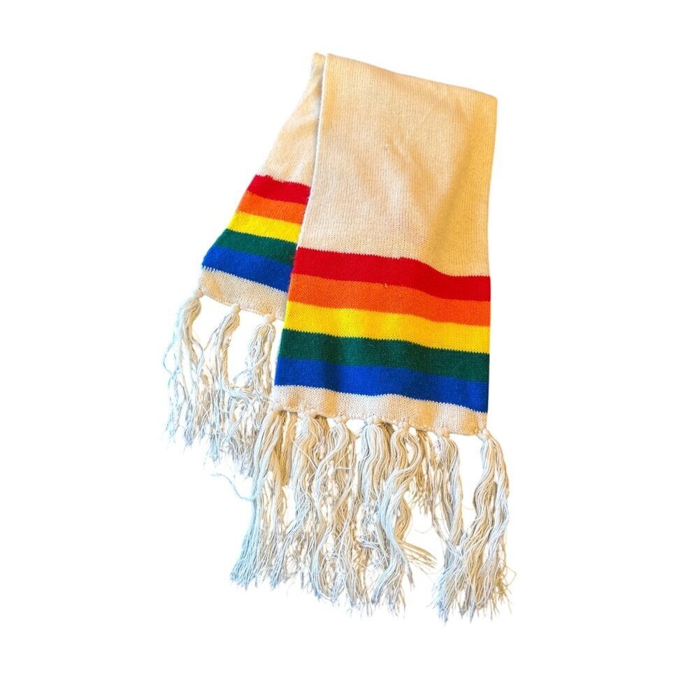 Vintage Van Raalte Knit Scarf With‎ Rainbow Stripes & Fringe 100% Acrylic